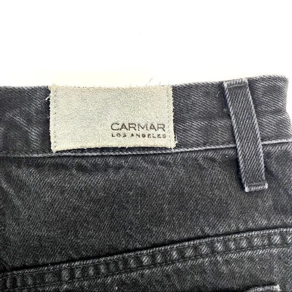 CARMAR BEATRICE Zip Front Black Denim Mini Skirt Distressed Raw hem Size 24 - Picture 6 of 11
